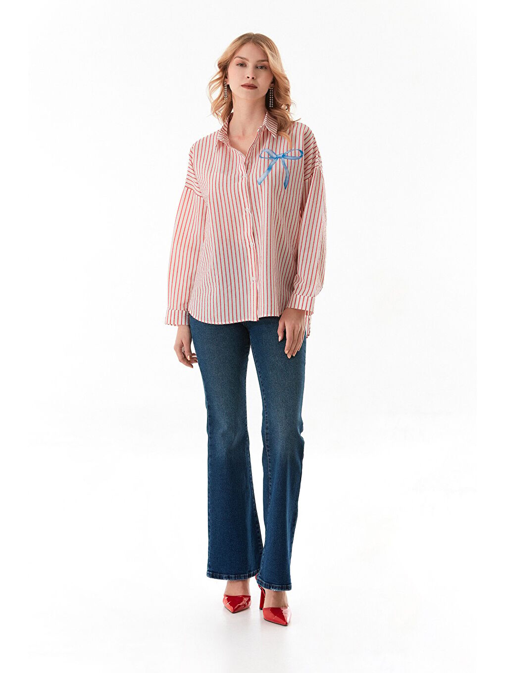 Kırmızı Çizgili Kurdele Baskılı Arkası Uzun Salaş Gömlek-2