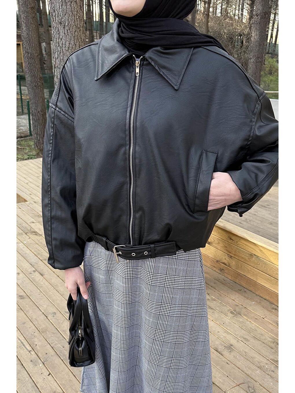 Kemerli Deri Ceket Siyah-2