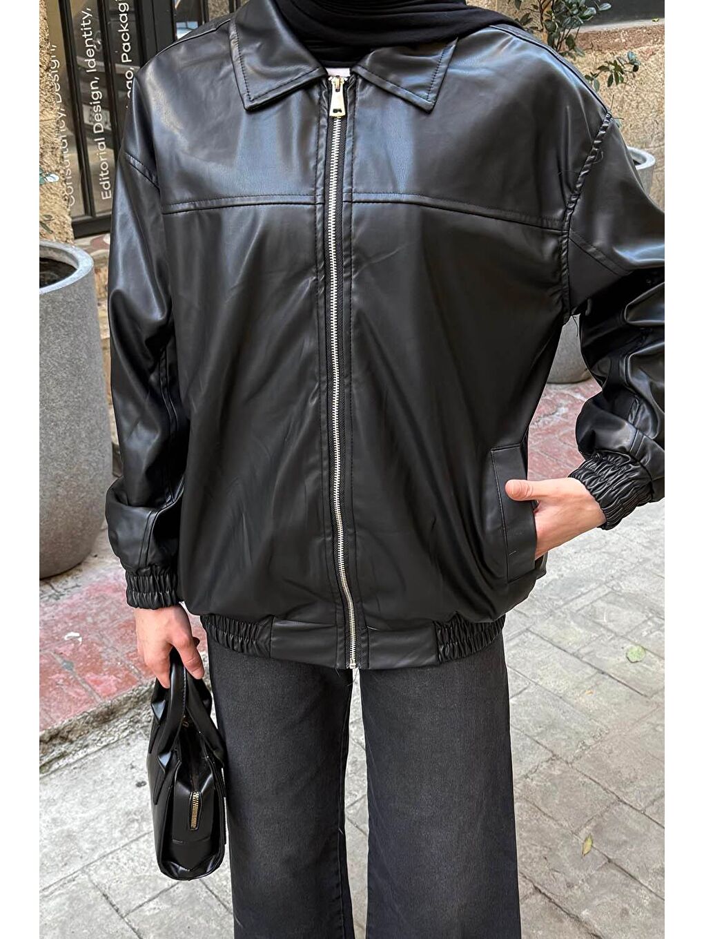Fermuarlı Deri Ceket Siyah-2