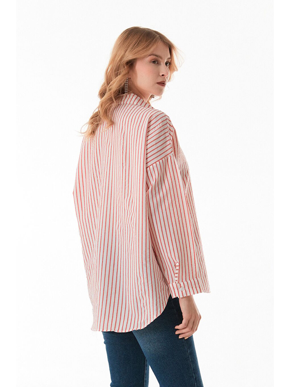Kırmızı Çizgili Kurdele Baskılı Arkası Uzun Salaş Gömlek-4