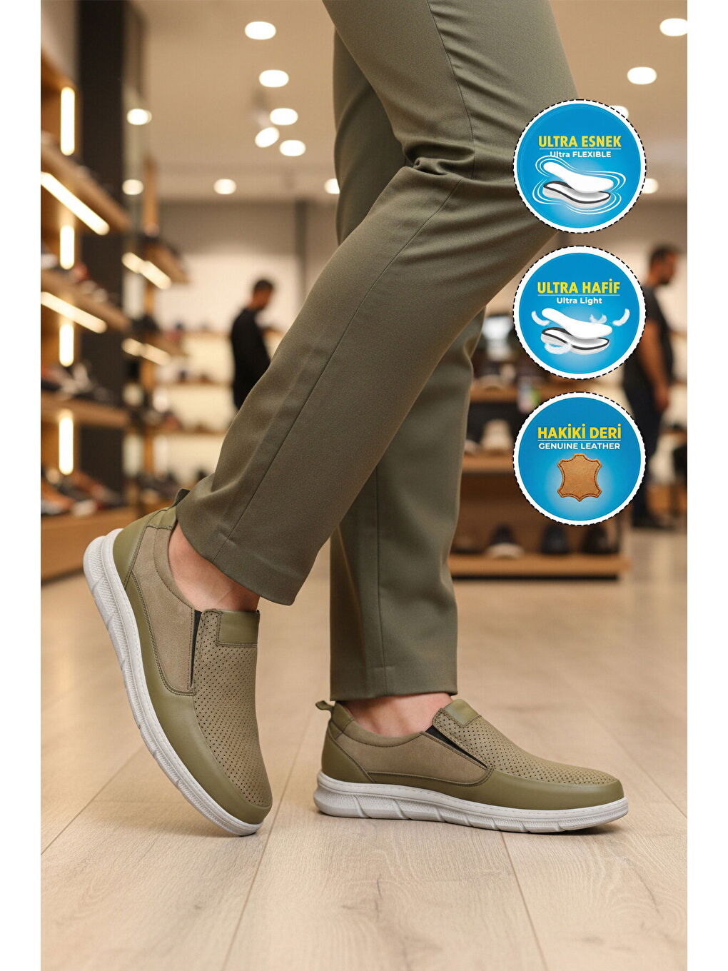 Premium Haki Hakiki Deri Anatomik Erkek Casual Ayakkabı 3704 M-2