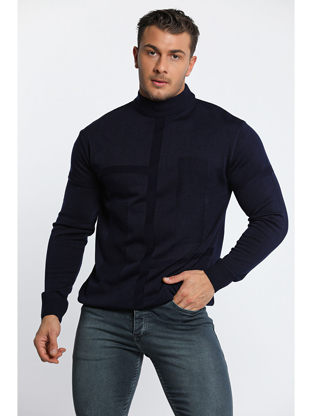 Lacivert Erkek Desenli Triko Kazak-1