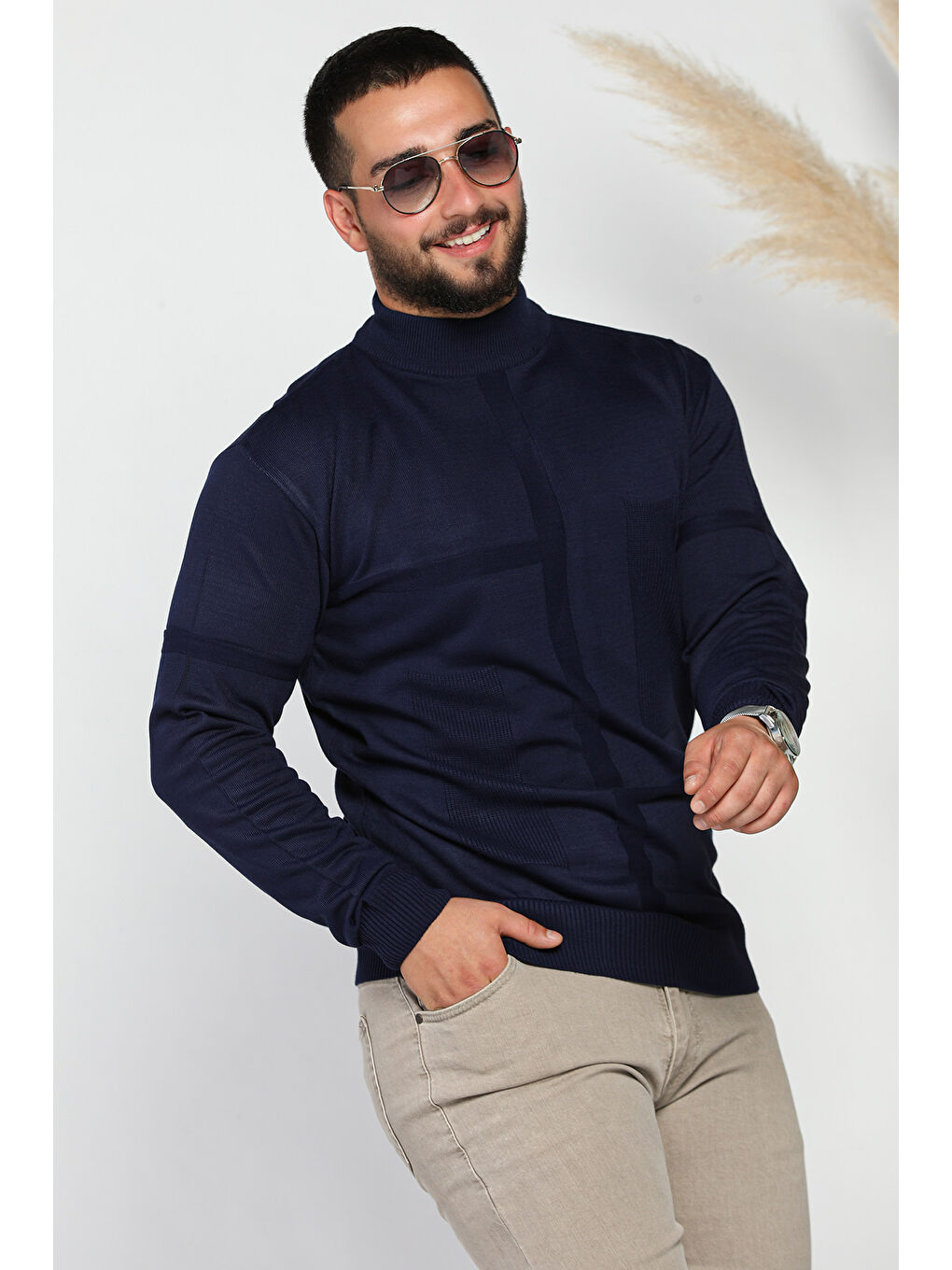 Lacivert Erkek Desenli Triko Kazak-2