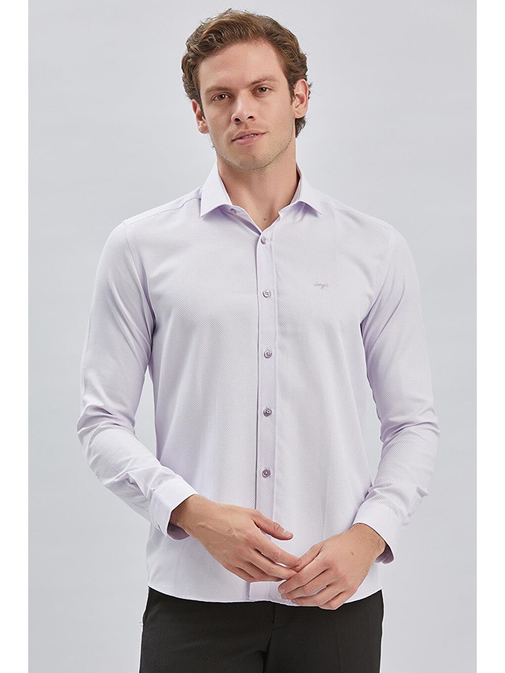 Lila Uzun Kol Kendinden Desenli Armürlü Yarım İtalyan Yaka Classic Slim Fit Gömlek 1004240250