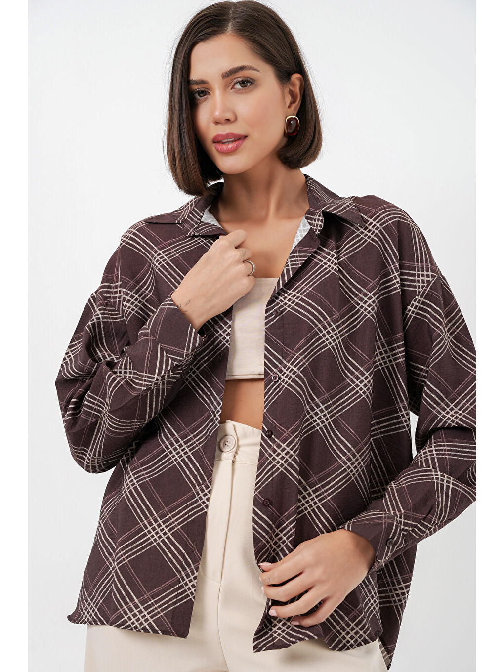 Kadın Oversize Desenli Gömlek 20372 - Kahverengi