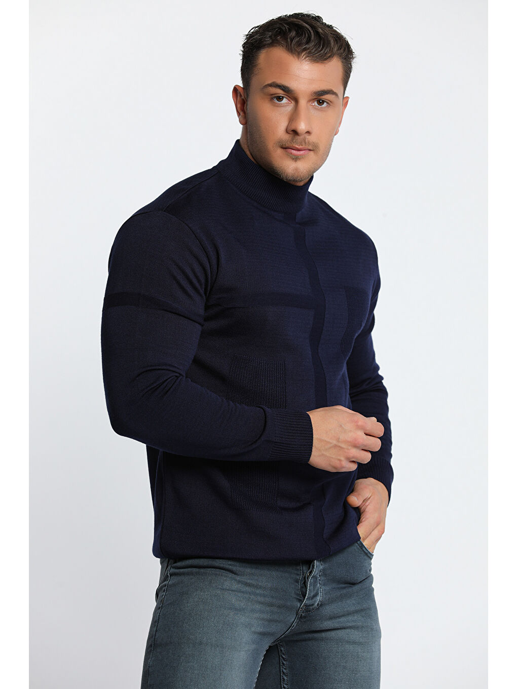 Lacivert Erkek Desenli Triko Kazak-3