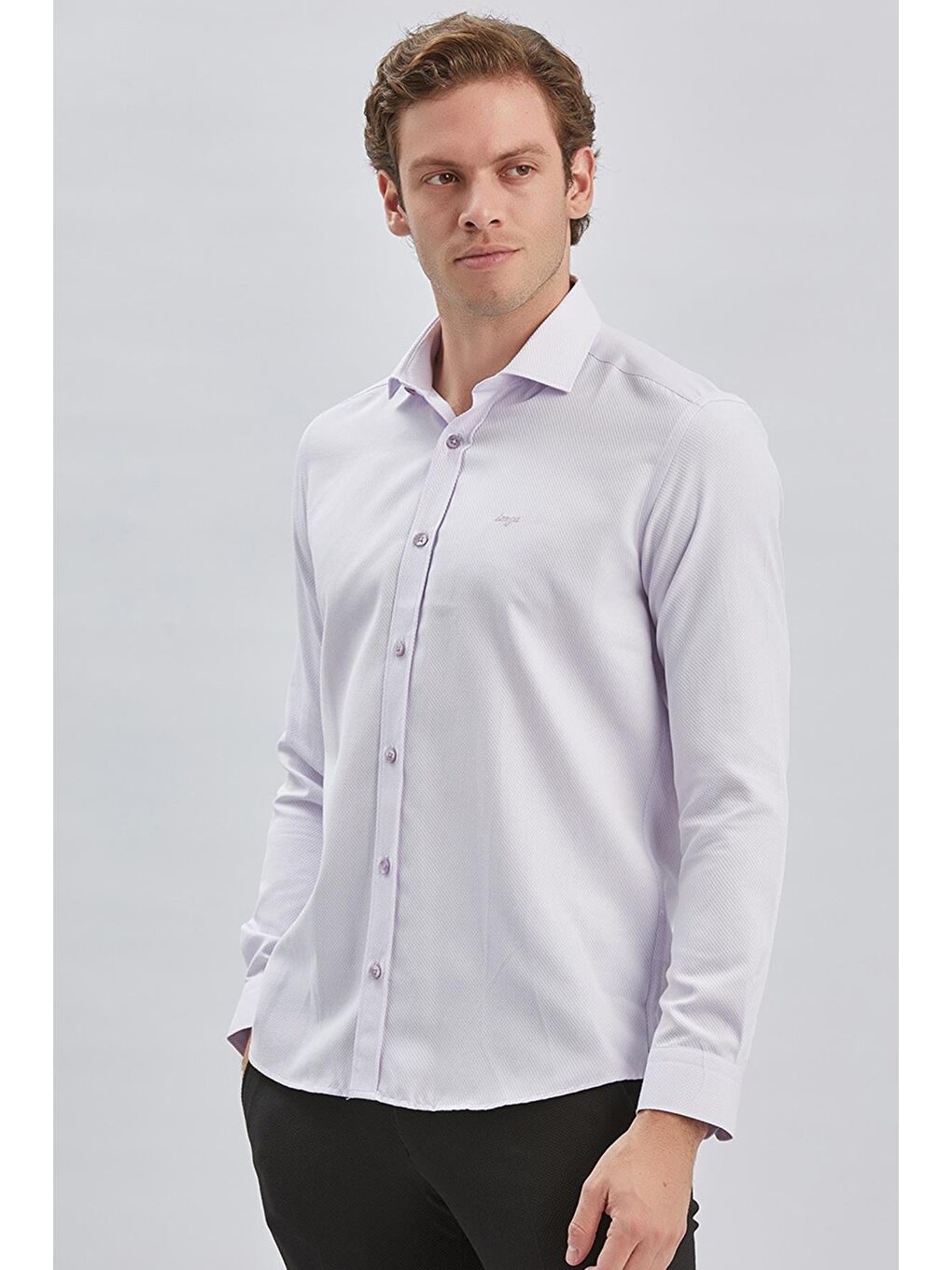 Lila Uzun Kol Kendinden Desenli Armürlü Yarım İtalyan Yaka Classic Slim Fit Gömlek 1004240250-2