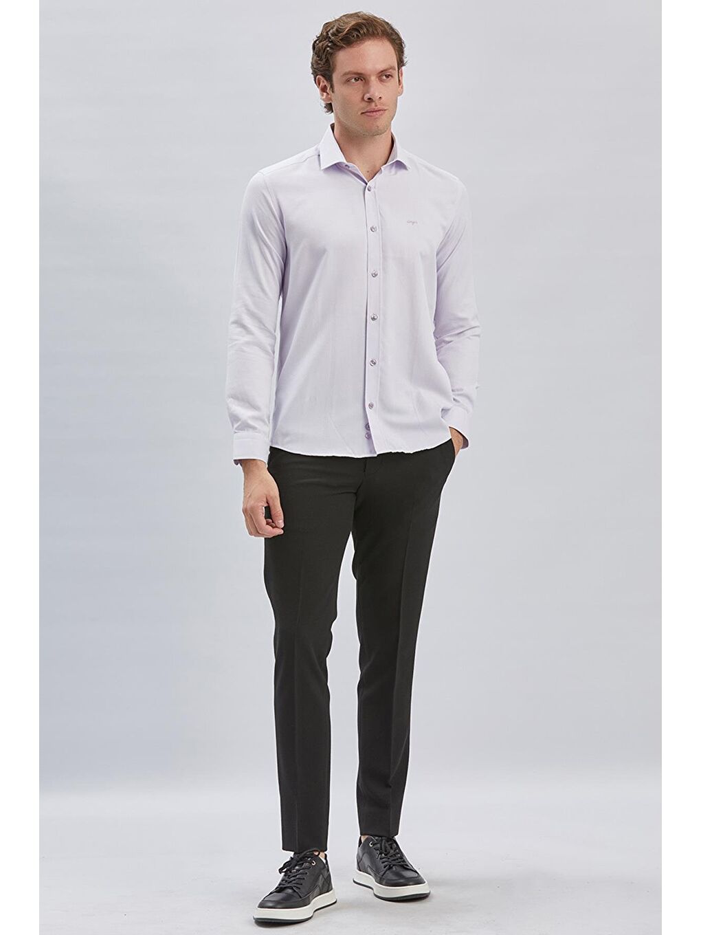 Lila Uzun Kol Kendinden Desenli Armürlü Yarım İtalyan Yaka Classic Slim Fit Gömlek 1004240250-3