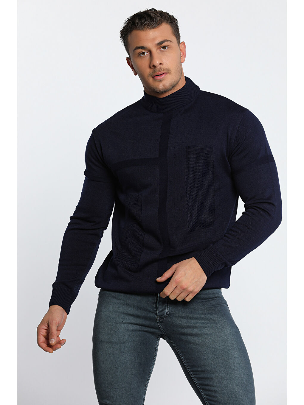 Lacivert Erkek Desenli Triko Kazak-5