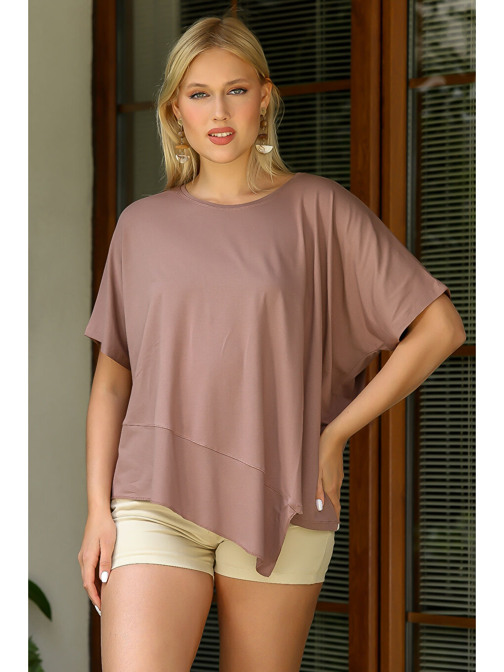 Kahverengi Camel Yuvarlak Yaka Yarasa Kol Örme Asimetrik Bluz-6