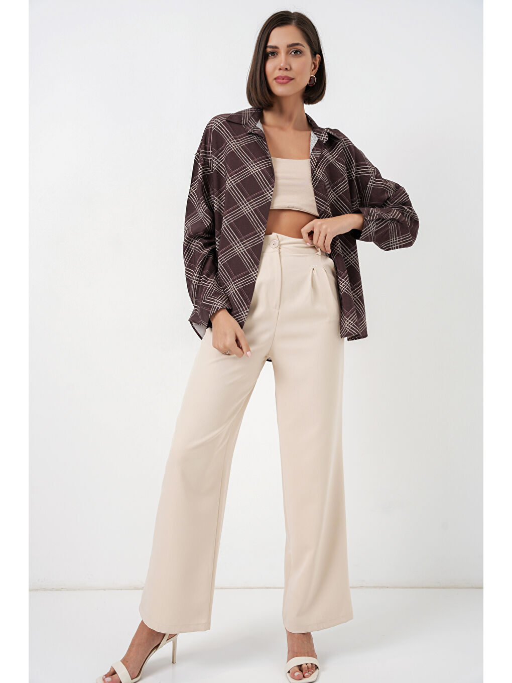 Kadın Oversize Desenli Gömlek 20372 - Kahverengi-1