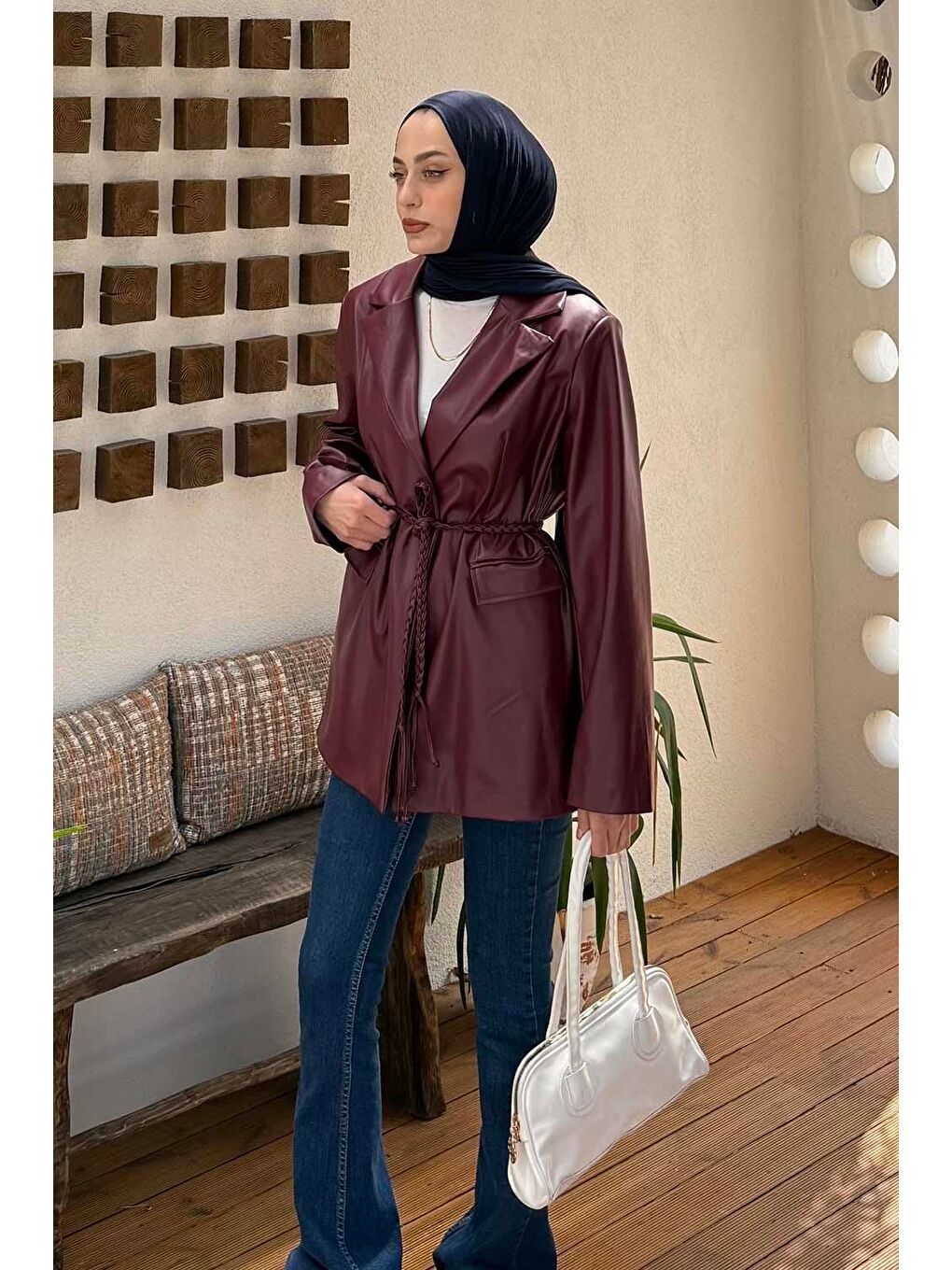 Oversize Deri Ceket Bordo-1