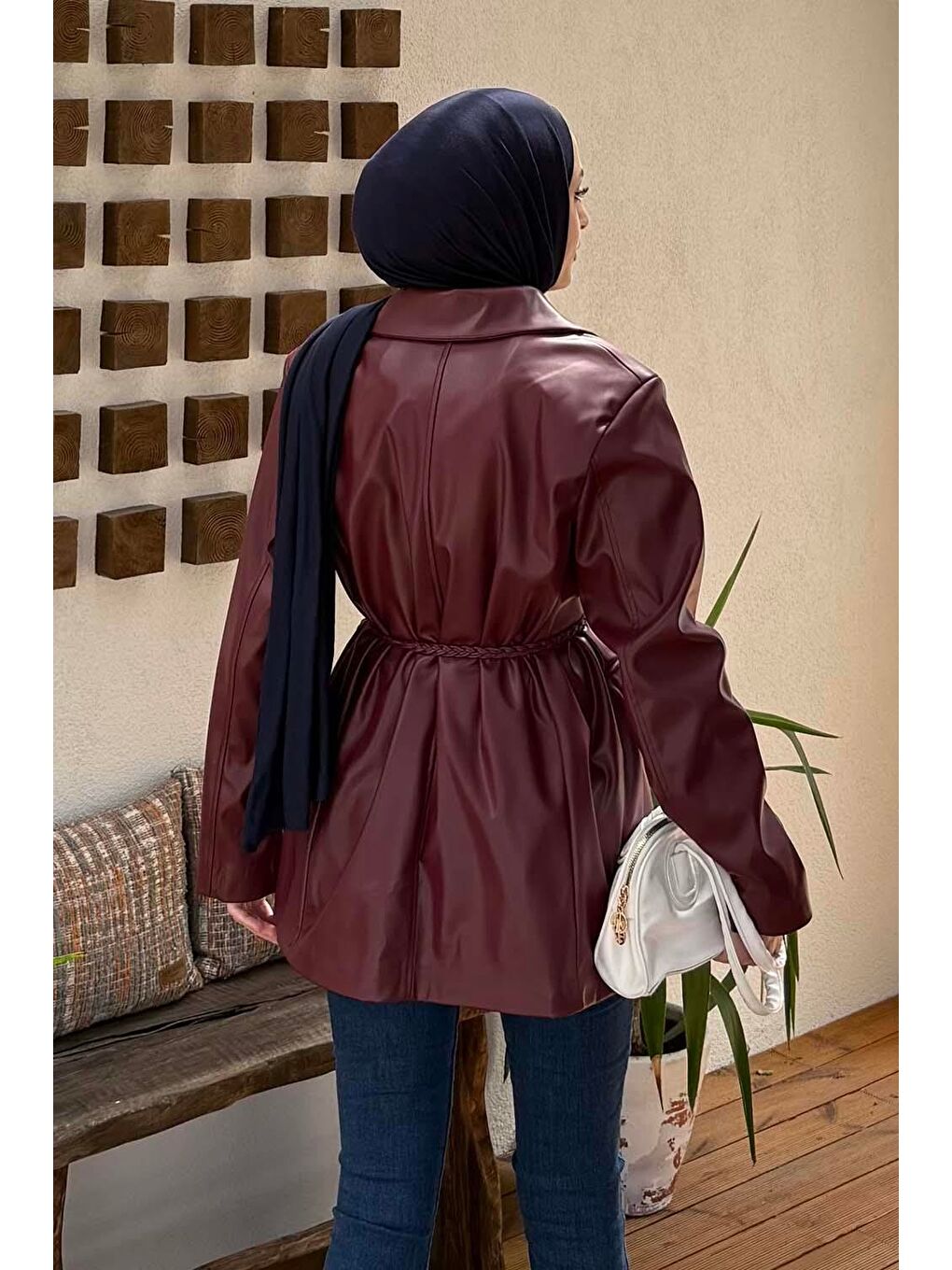 Oversize Deri Ceket Bordo-3