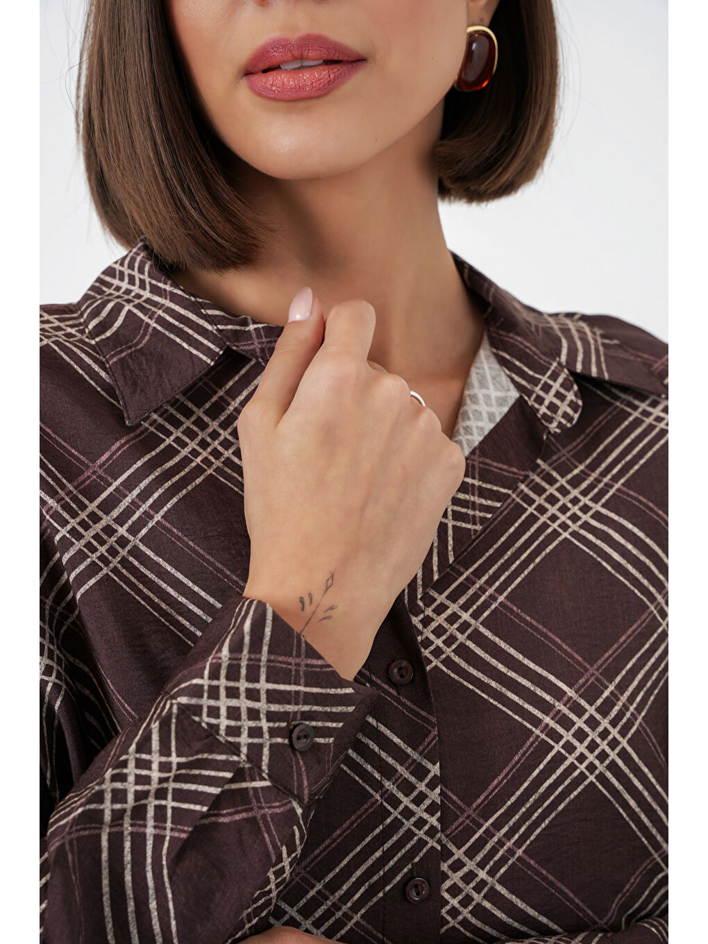 Kadın Oversize Desenli Gömlek 20372 - Kahverengi-3