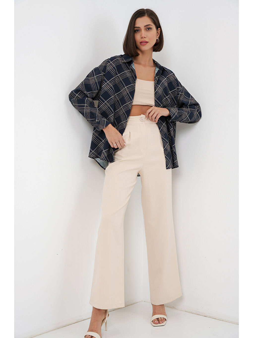 Kadın Oversize Desenli Gömlek 20372 - Lacivert-1