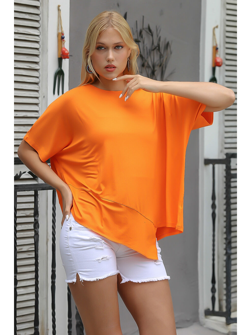 Turuncu Yuvarlak Yaka Yarasa Kol Örme Asimetrik Bluz-2