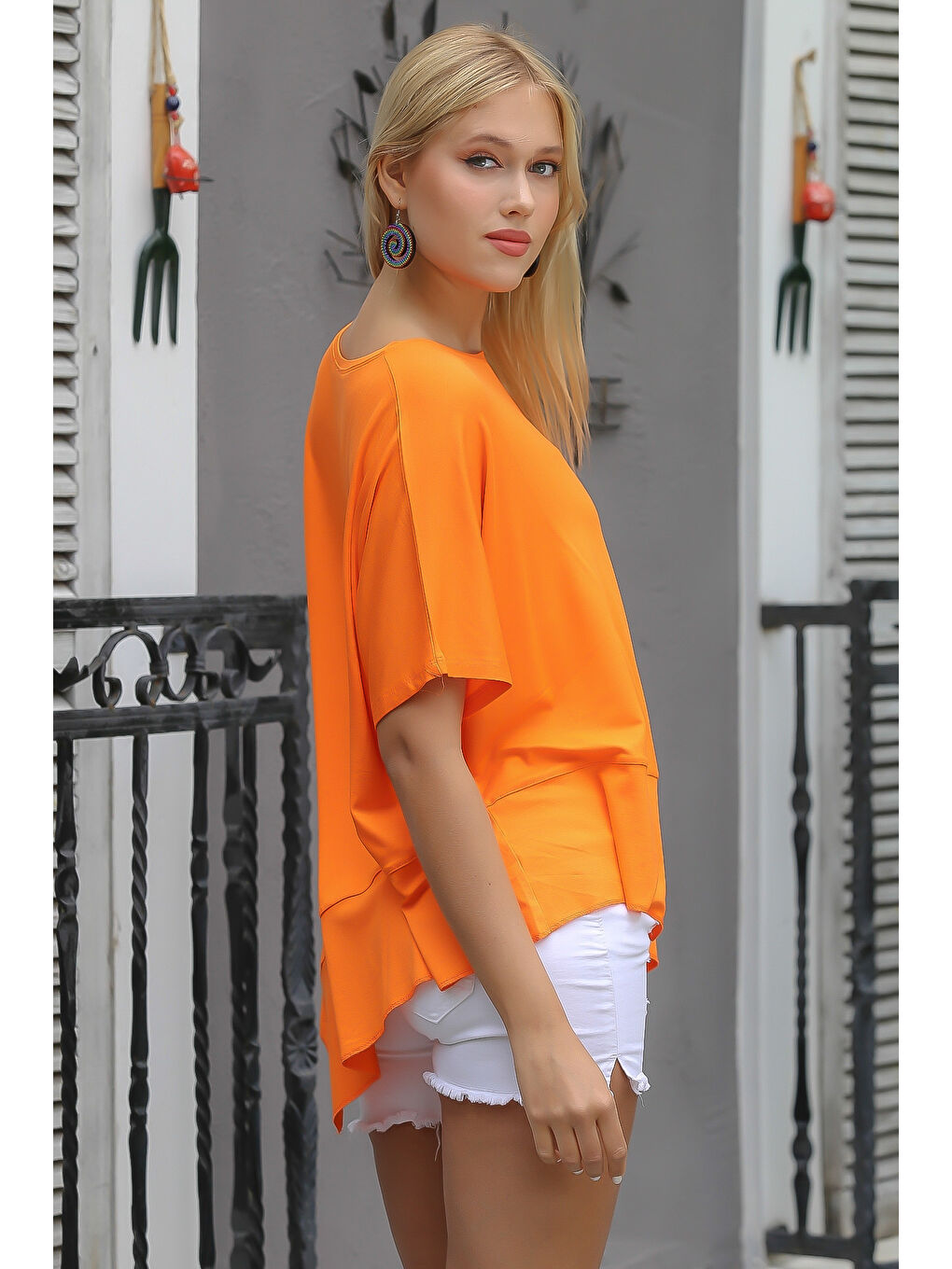 Turuncu Yuvarlak Yaka Yarasa Kol Örme Asimetrik Bluz-3