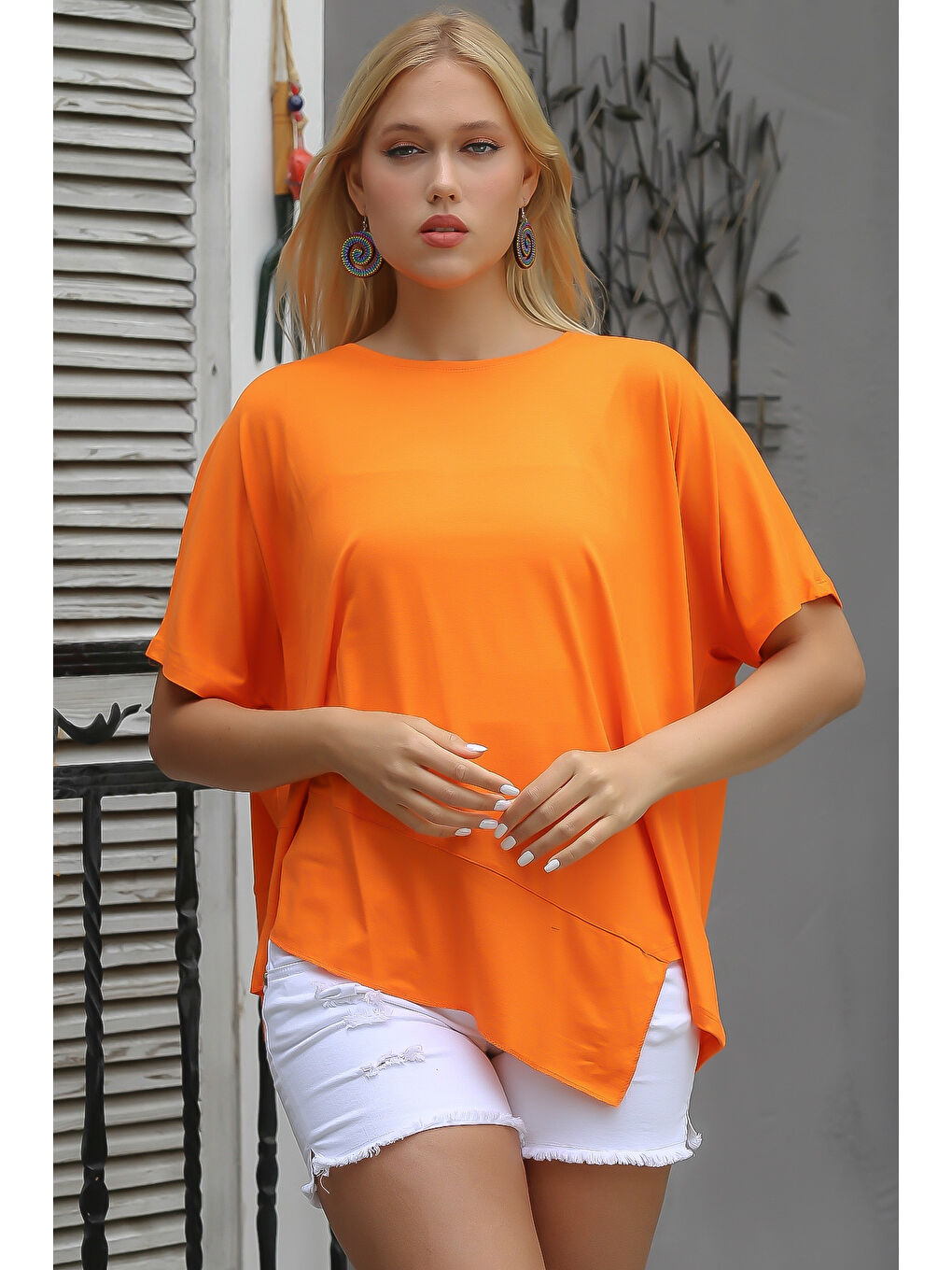 Turuncu Yuvarlak Yaka Yarasa Kol Örme Asimetrik Bluz-4