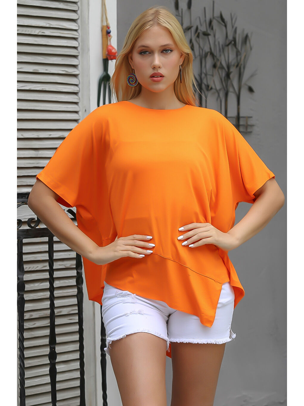Turuncu Yuvarlak Yaka Yarasa Kol Örme Asimetrik Bluz-5
