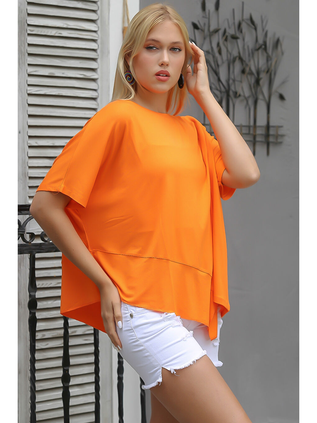 Turuncu Yuvarlak Yaka Yarasa Kol Örme Asimetrik Bluz-6