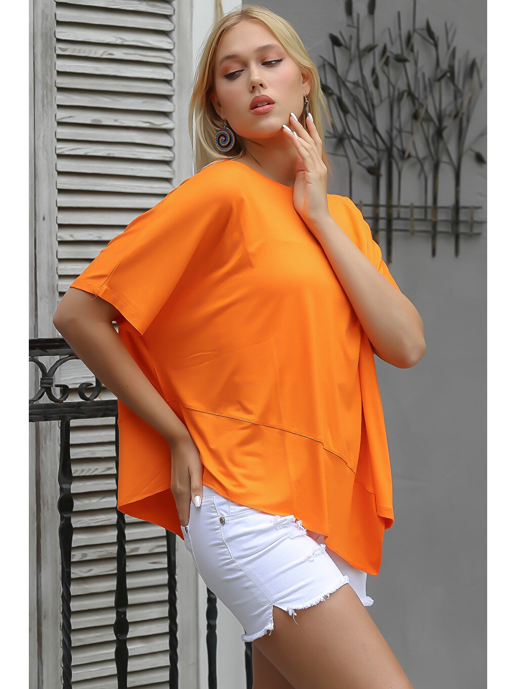 Turuncu Yuvarlak Yaka Yarasa Kol Örme Asimetrik Bluz-7