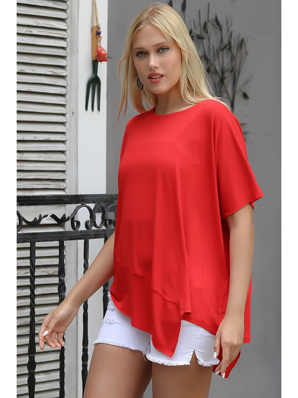 Kırmızı Yuvarlak Yaka Yarasa Kol Örme Asimetrik Bluz-4