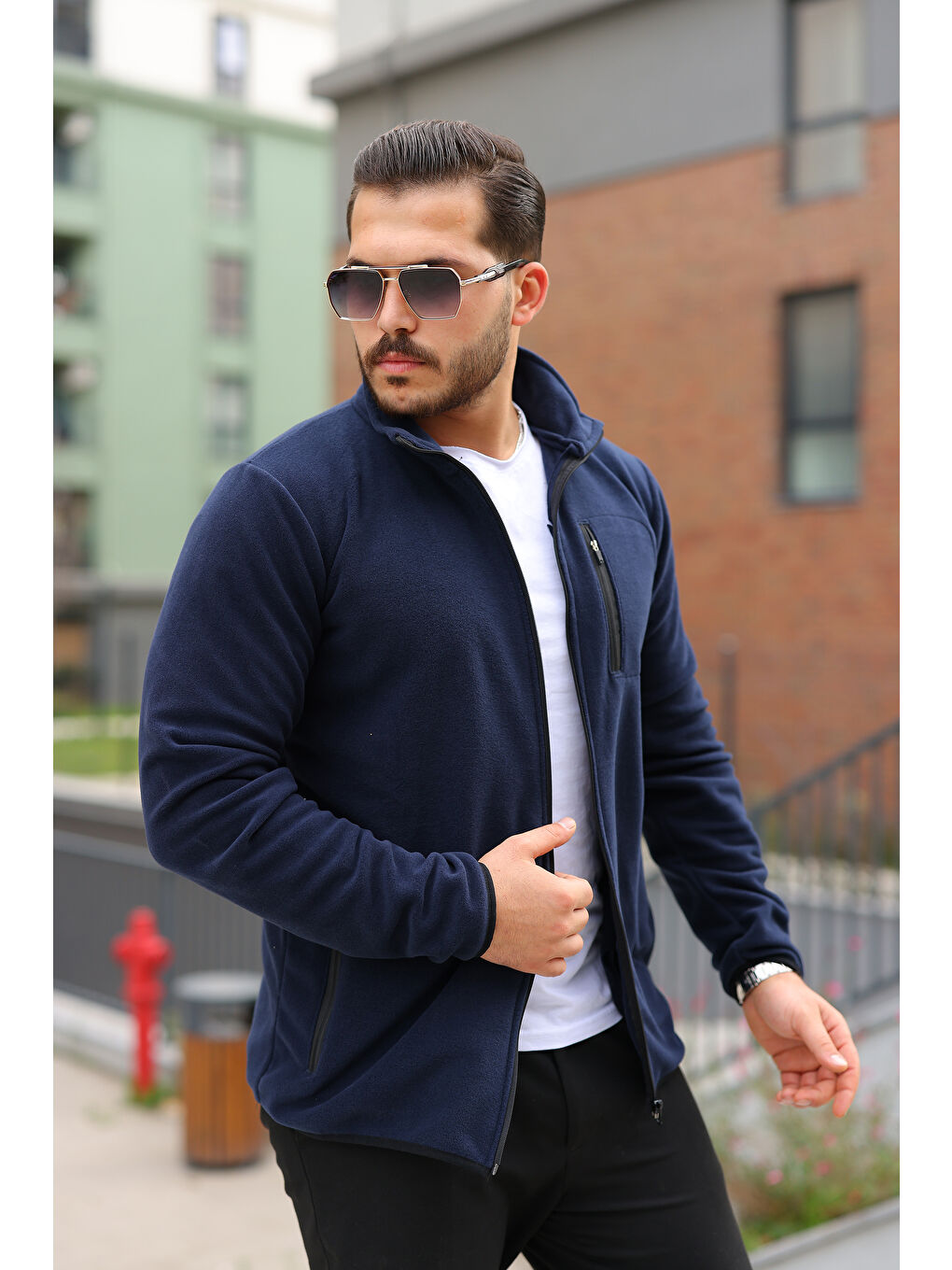 Erkek Kışlık Trend Fermuarlı Cepli Lacivert Polar Hırka-1