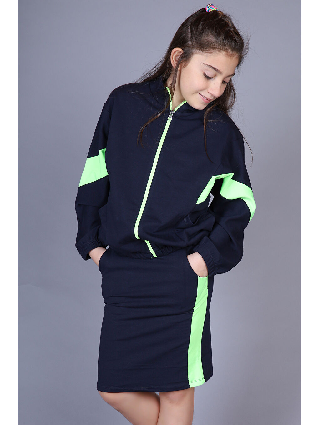 Lacivert Kız Çocuk Garnili Etekli Takım