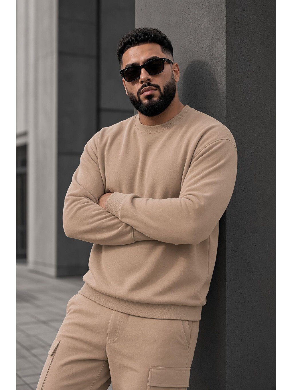 Bej John Erkek İki İpli Şardonlu Düz Renk Günlük Battal Büyük Beden Bisiklet Yaka Sweatshirt-2