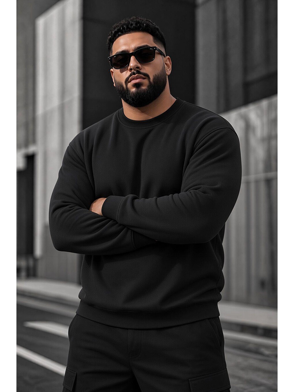 Siyah John Erkek İki İpli Şardonlu Düz Renk Günlük Battal Büyük Beden Bisiklet Yaka Sweatshirt-2