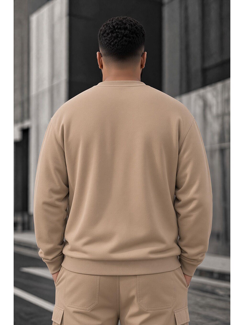 Bej John Erkek İki İpli Şardonlu Düz Renk Günlük Battal Büyük Beden Bisiklet Yaka Sweatshirt-3