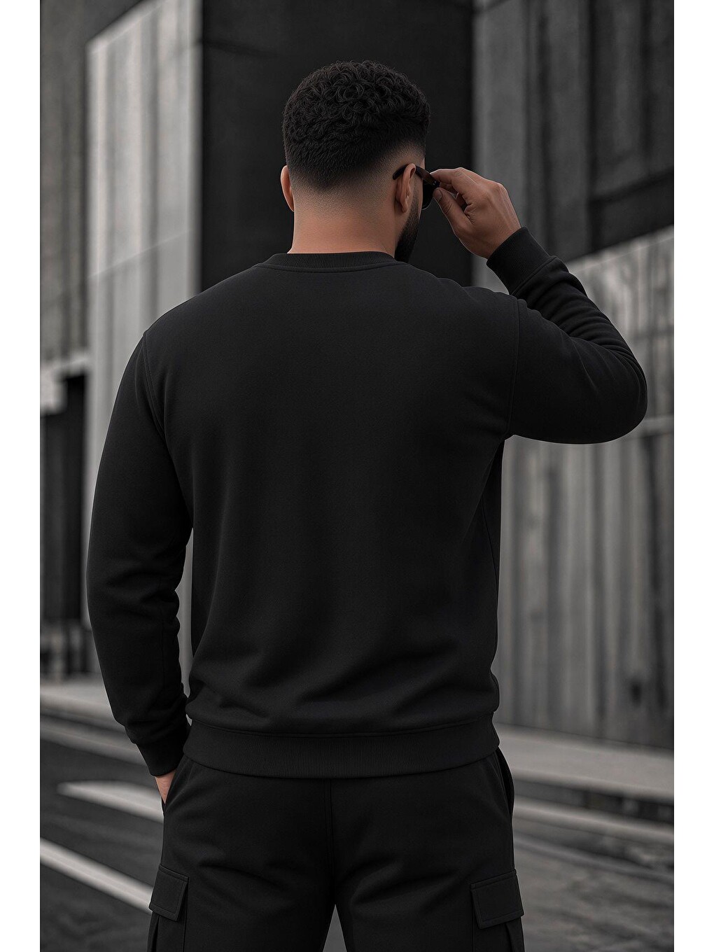 Siyah John Erkek İki İpli Şardonlu Düz Renk Günlük Battal Büyük Beden Bisiklet Yaka Sweatshirt-3
