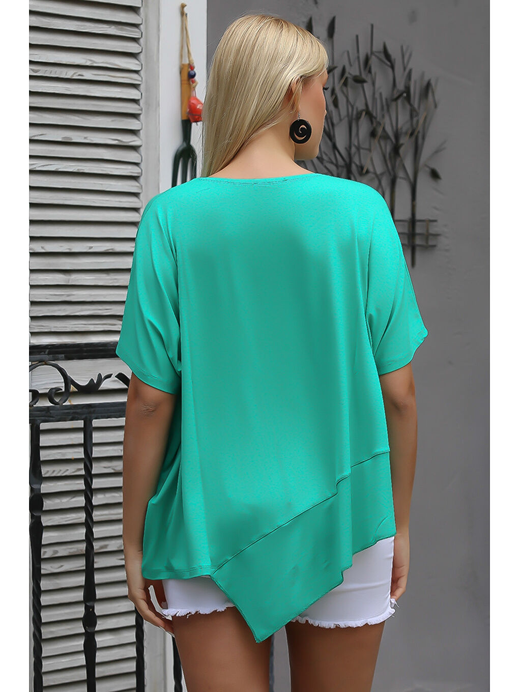 Yeşil Yuvarlak Yaka Yarasa Kol Örme Asimetrik Bluz-5