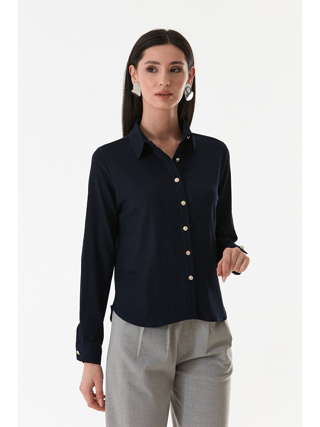 Lacivert Basic Bürümcük Kumaş Uzun Kollu Gömlek-2