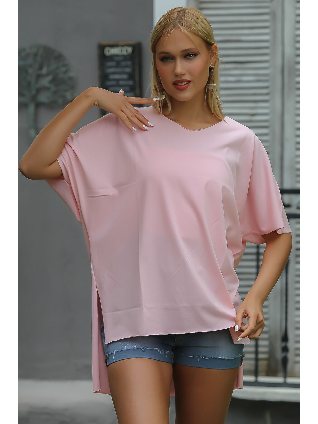 Yeşil Yuvarlak Yaka Yarasa Kol Örme Asimetrik Bluz-7