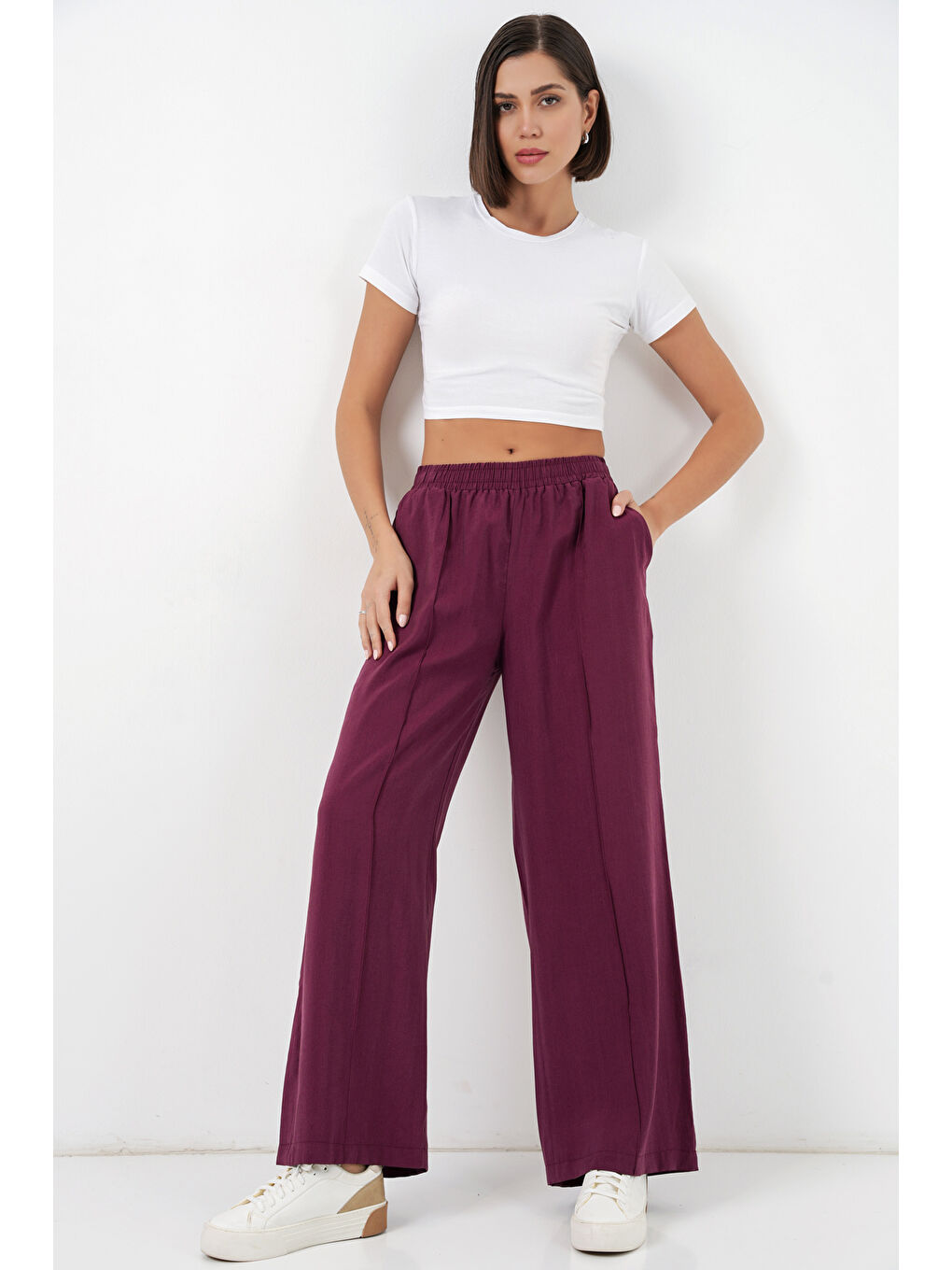 Kadın Beli Lastikli Bol Paça Pantolon 30087 - Bordo