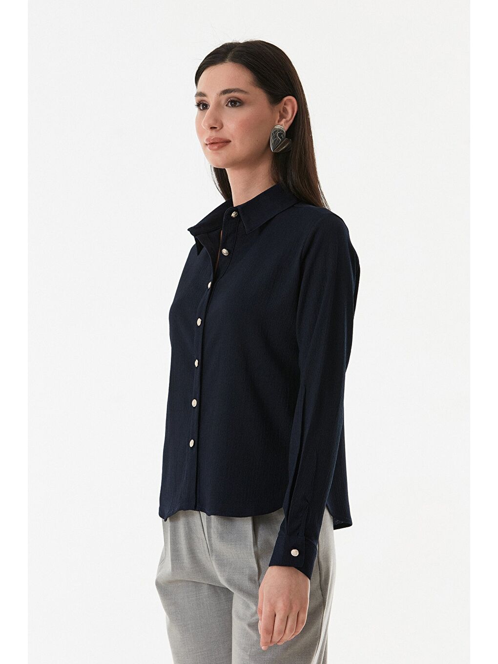 Lacivert Basic Bürümcük Kumaş Uzun Kollu Gömlek-4