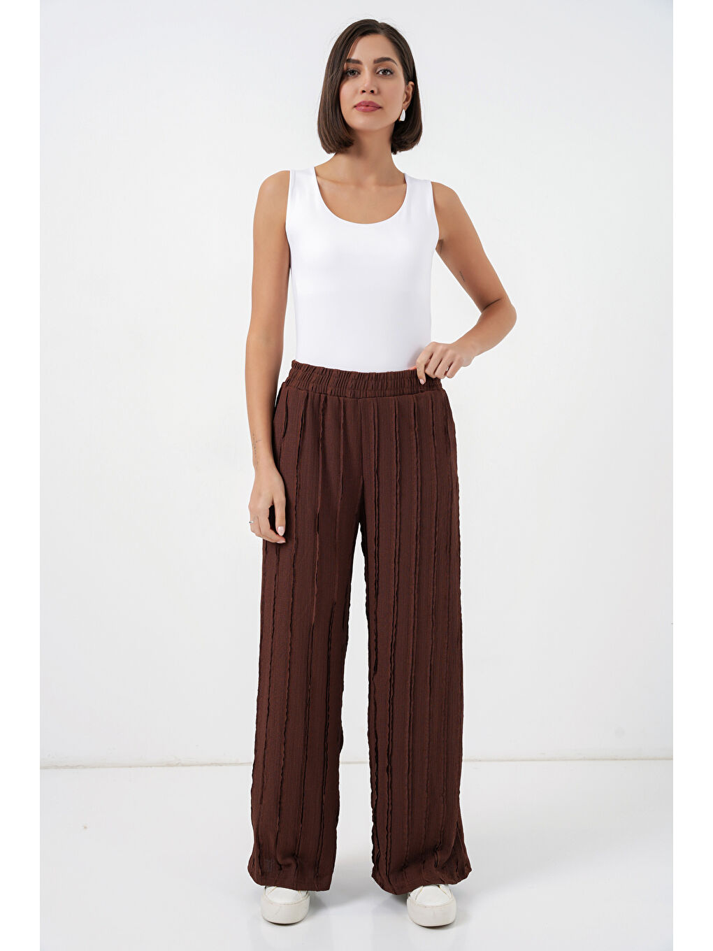 Kadın Dokulu Esnek Örme Pantolon 30077 - Kahverengi-2