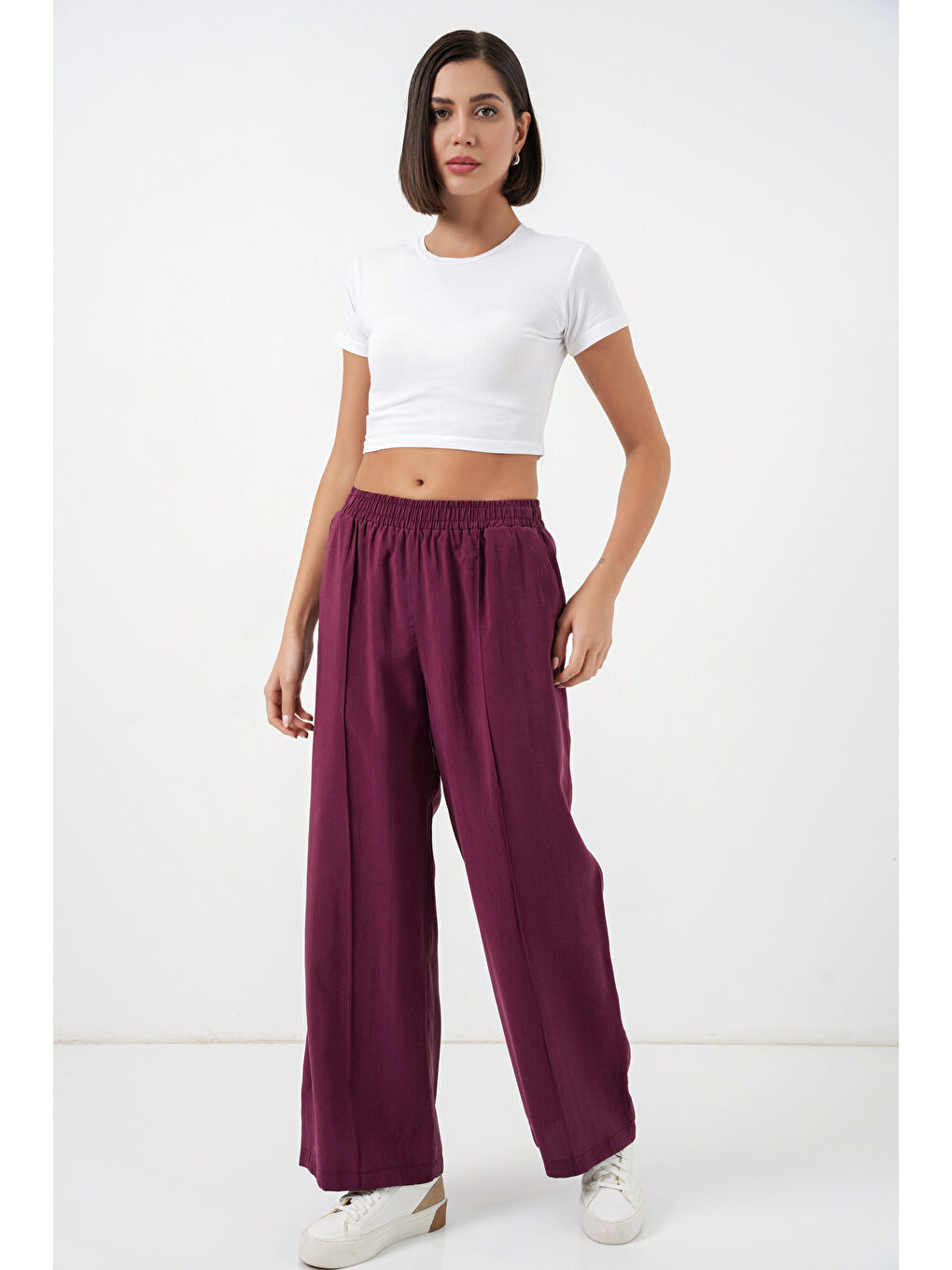 Kadın Beli Lastikli Bol Paça Pantolon 30087 - Bordo-2