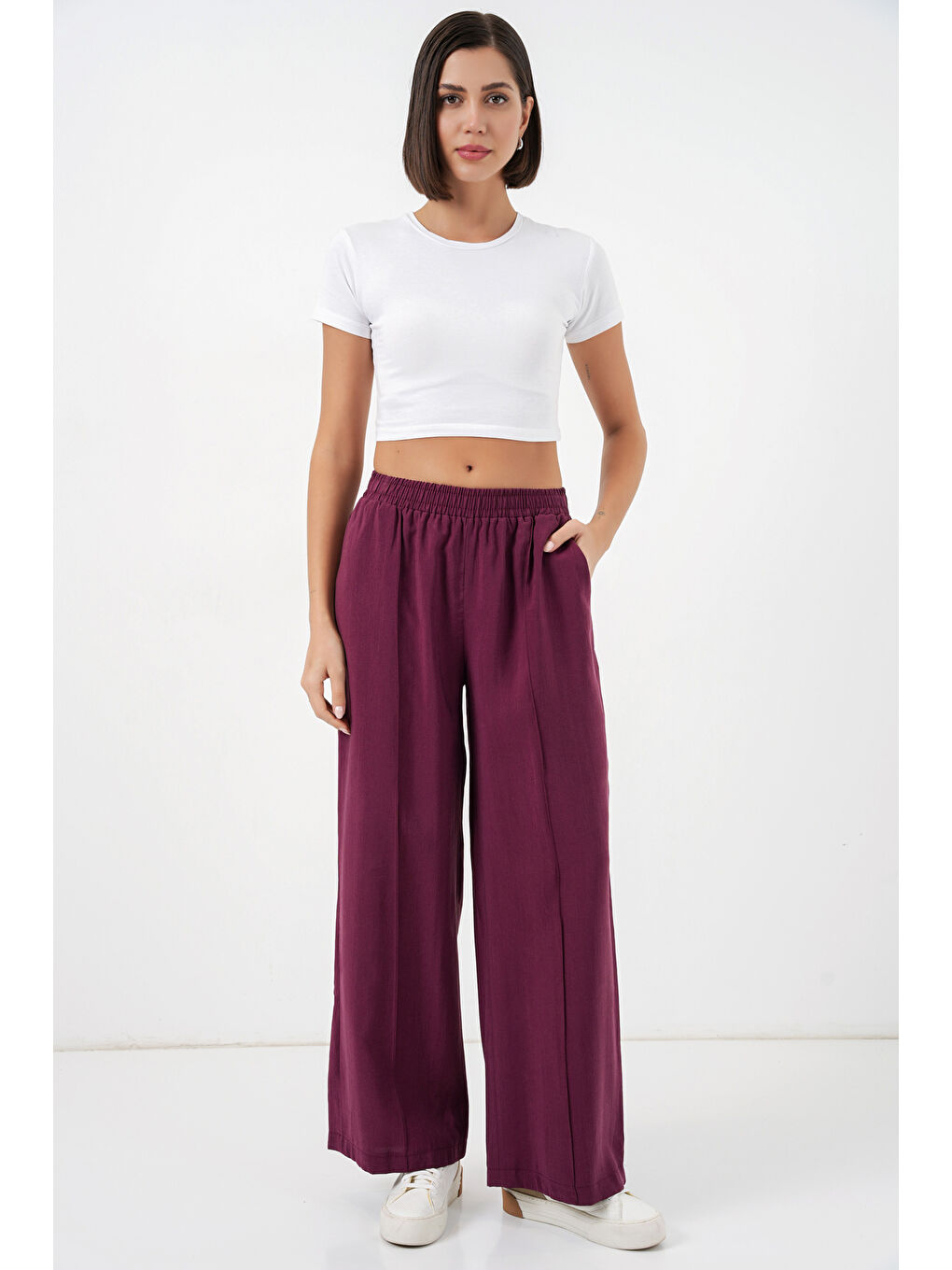 Kadın Beli Lastikli Bol Paça Pantolon 30087 - Bordo-4