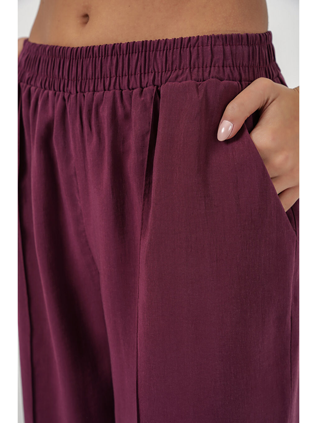 Kadın Beli Lastikli Bol Paça Pantolon 30087 - Bordo-5