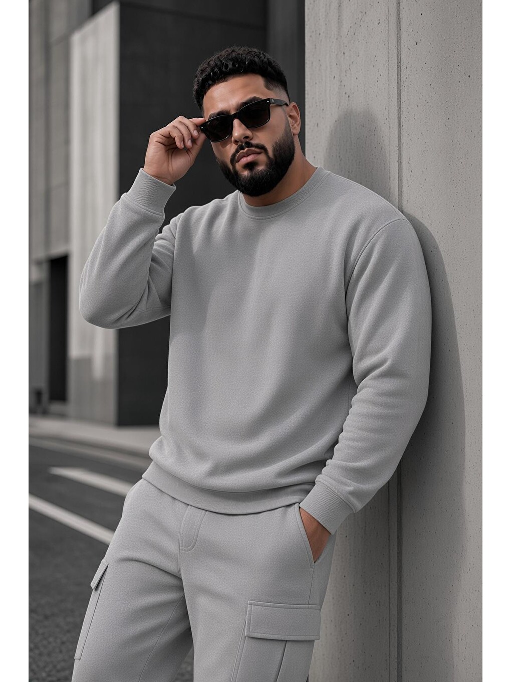 Gri John Erkek İki İpli Şardonlu Düz Renk Günlük Battal Büyük Beden Bisiklet Yaka Sweatshirt-1