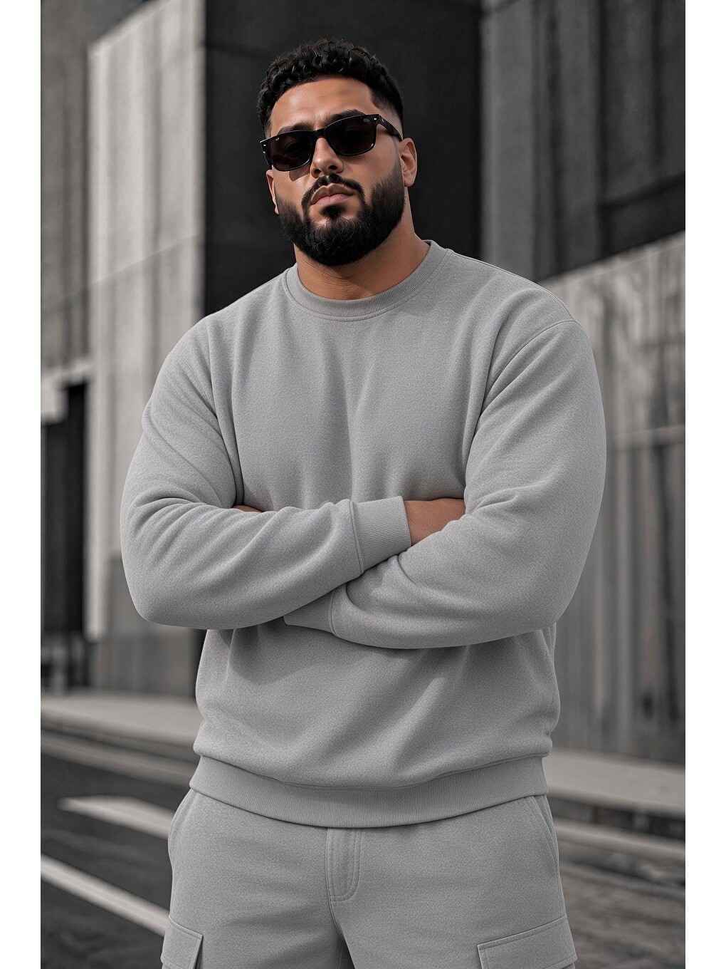 Gri John Erkek İki İpli Şardonlu Düz Renk Günlük Battal Büyük Beden Bisiklet Yaka Sweatshirt-2