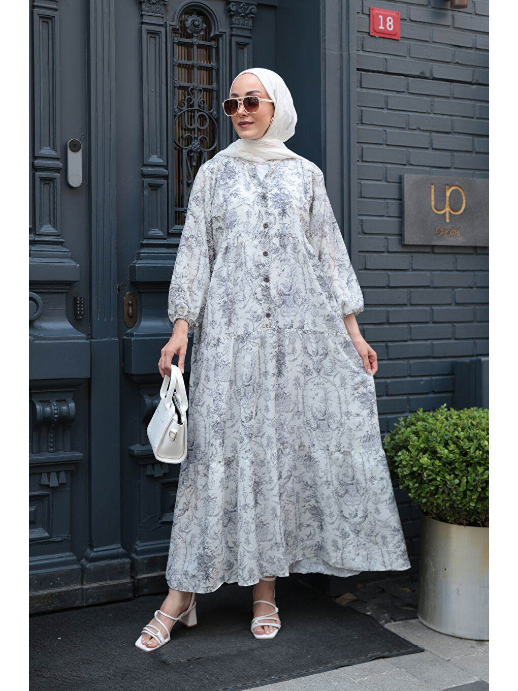 Gri Kadın Pastoral Desen Elbise Füme