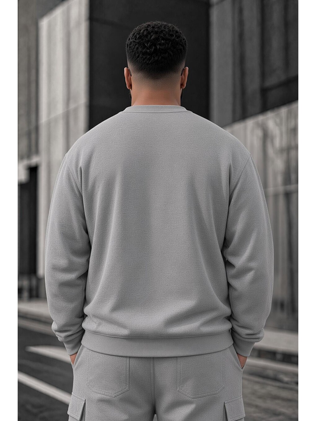 Gri John Erkek İki İpli Şardonlu Düz Renk Günlük Battal Büyük Beden Bisiklet Yaka Sweatshirt-3
