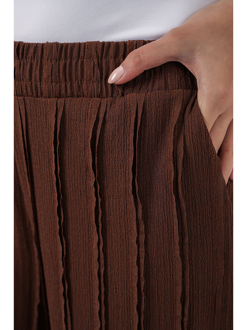 Kadın Dokulu Esnek Örme Pantolon 30077 - Kahverengi-5