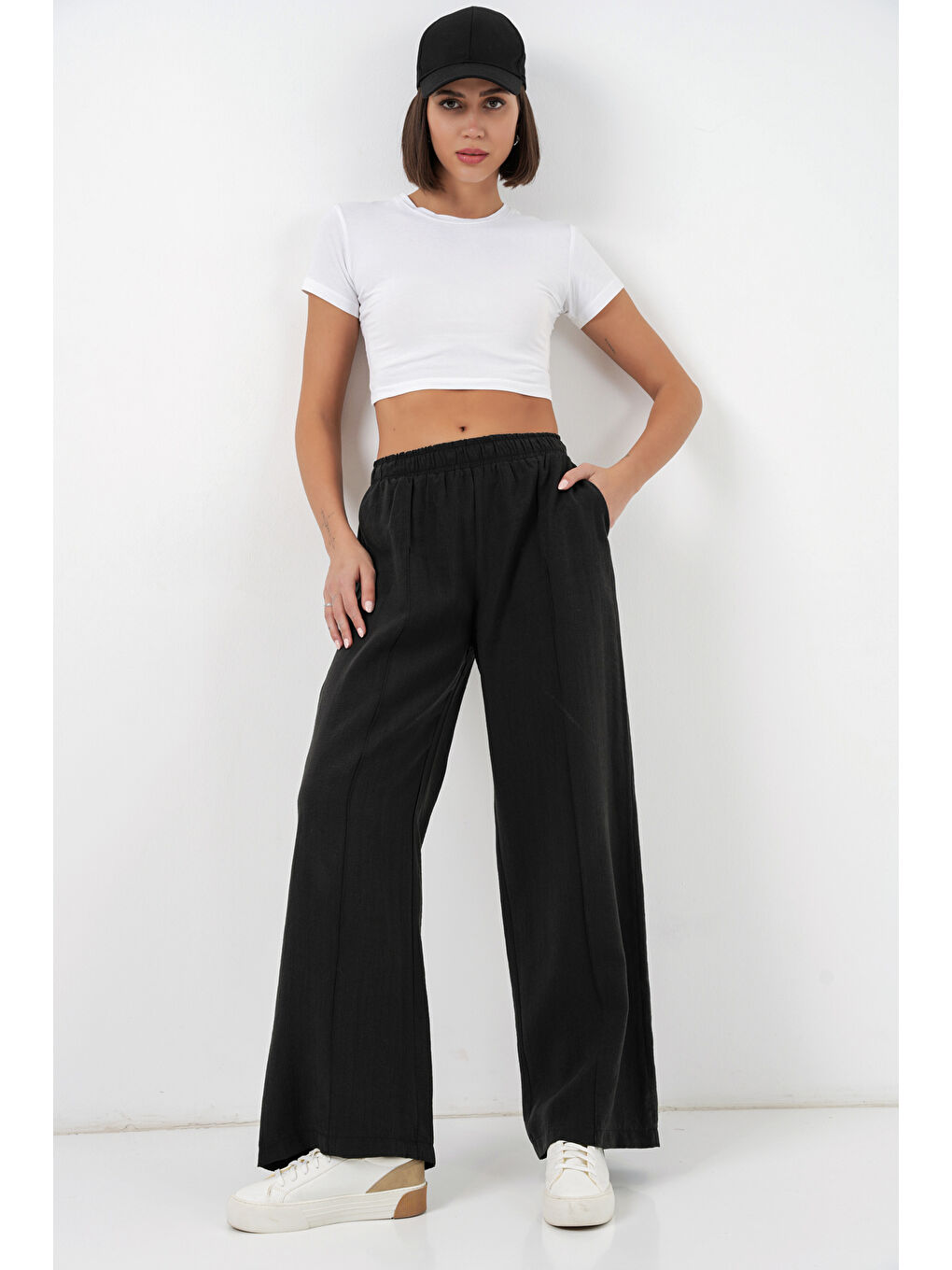 Kadın Beli Lastikli Bol Paça Pantolon 30087 - Siyah