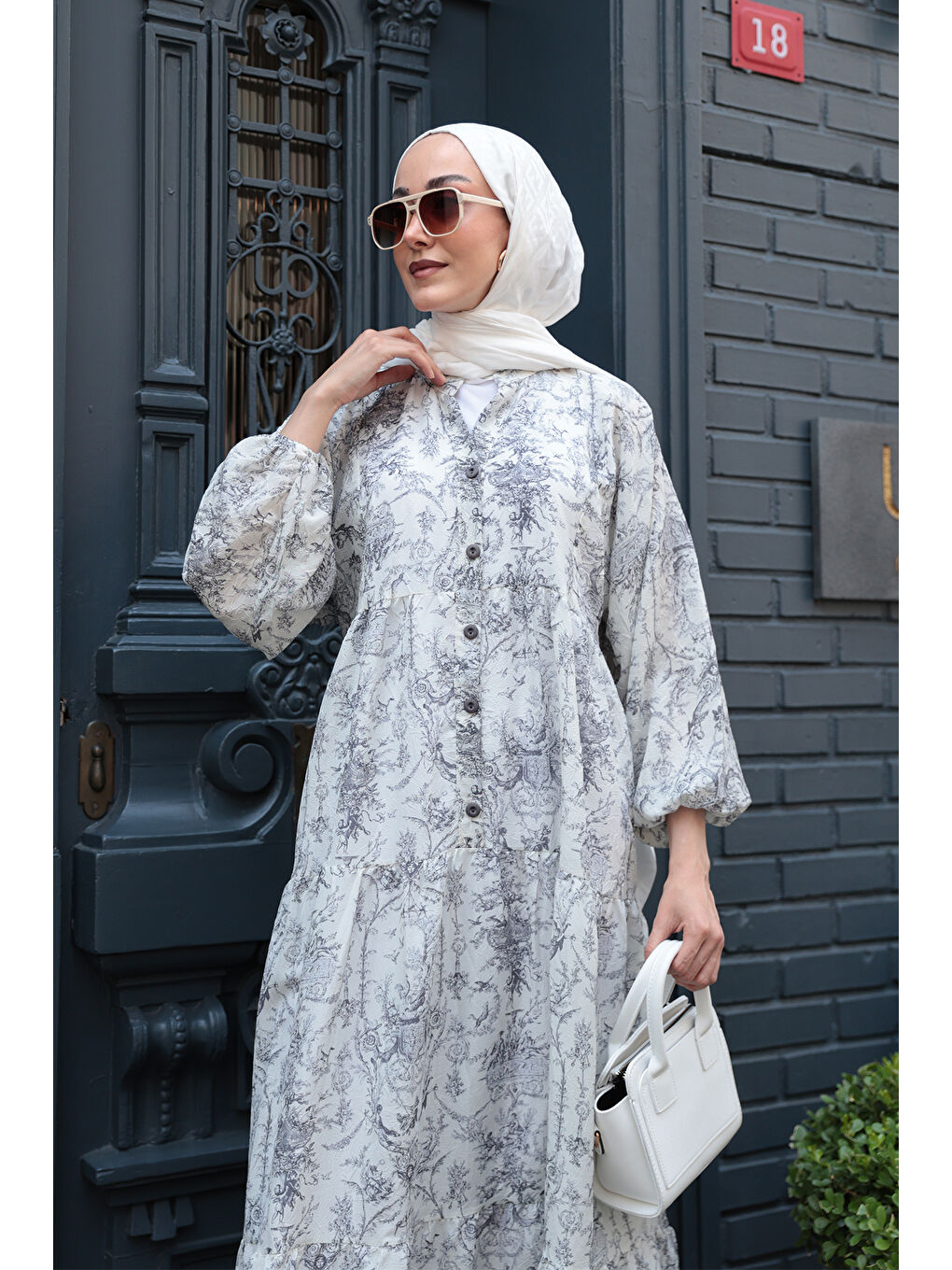 Gri Kadın Pastoral Desen Elbise Füme-1