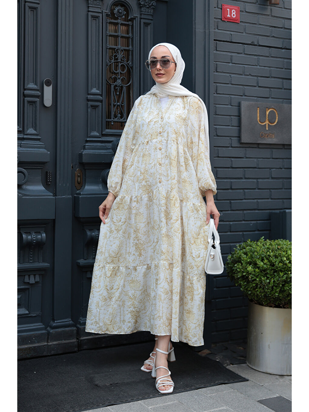 Kadın Pastoral Desen Elbise Sarı