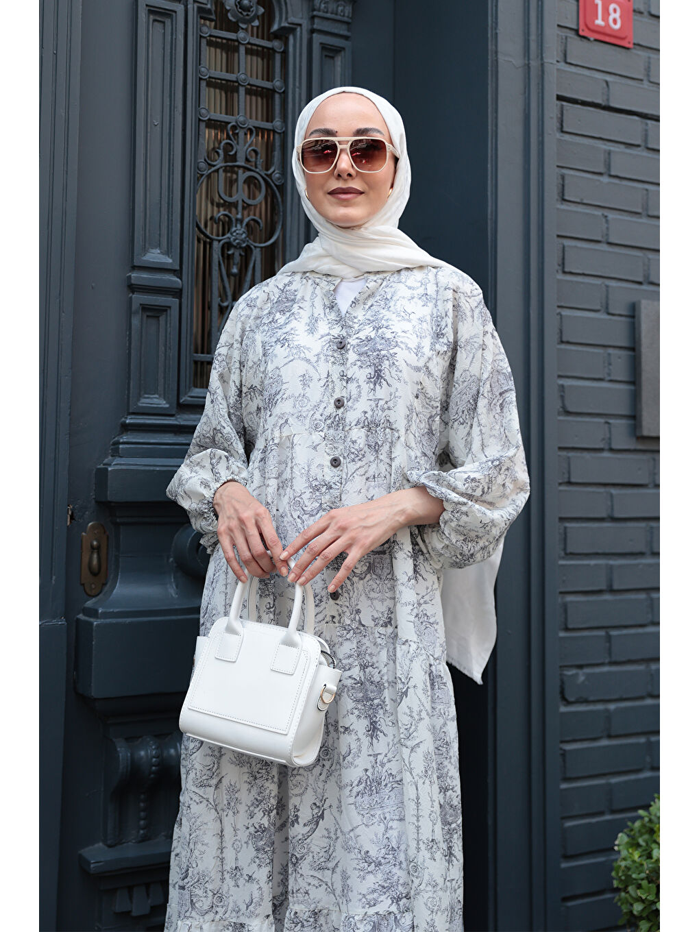 Gri Kadın Pastoral Desen Elbise Füme-2